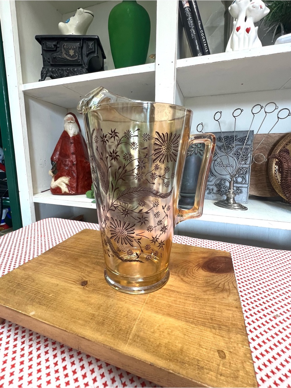 Vintage pitcher peach luster iridescent brown decor grandma core glass